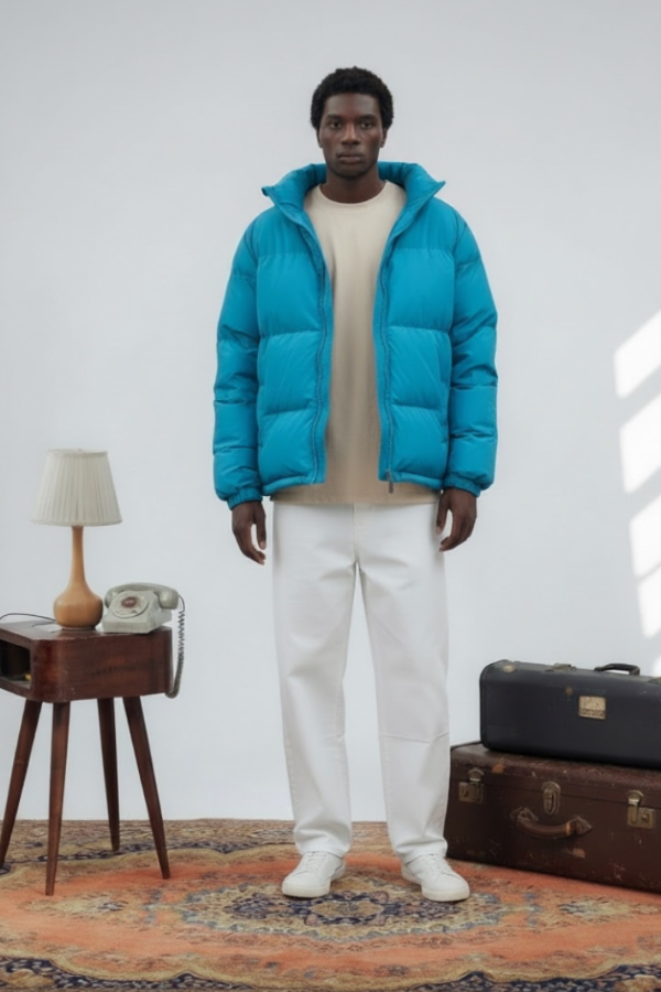 Person wearing a blue puffer jacket standing in a room with a lamp, table, and suitcases.